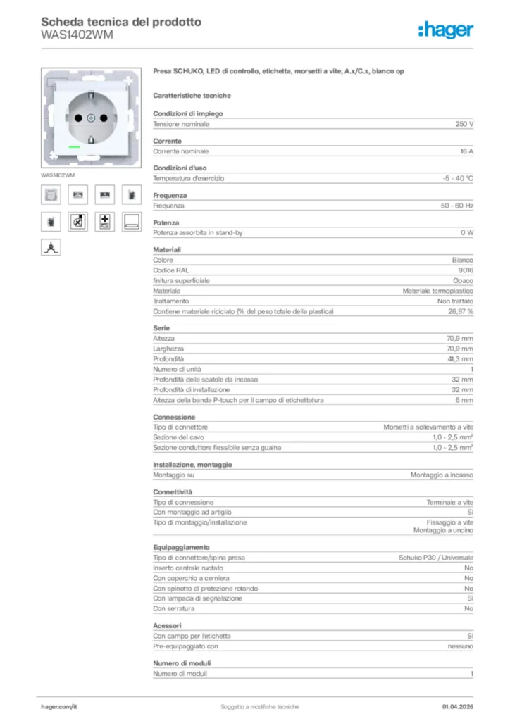 Immagine Hager Scheda tecnica del prodotto WAS1402WM | Hager Italia