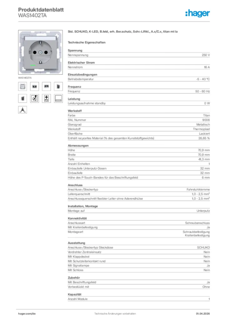Bild Hager Produktdatenblatt WAS1402TA | Hager Deutschland