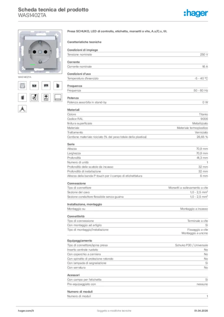 Immagine Hager Scheda tecnica del prodotto WAS1402TA | Hager Italia
