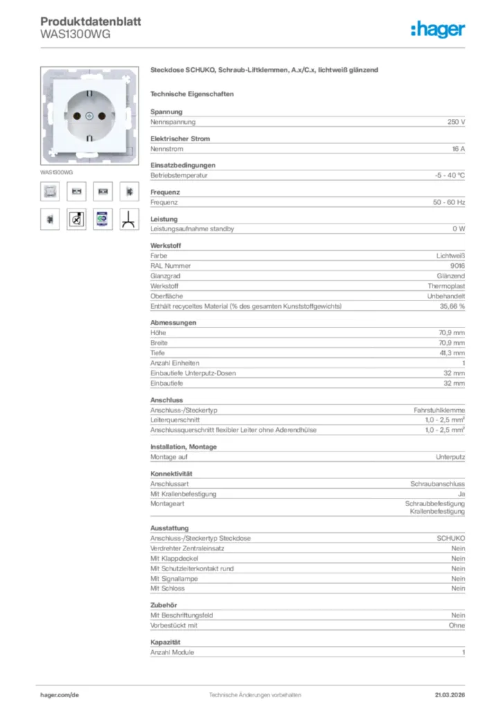 Bild Hager Produktdatenblatt WAS1300WG | Hager Deutschland