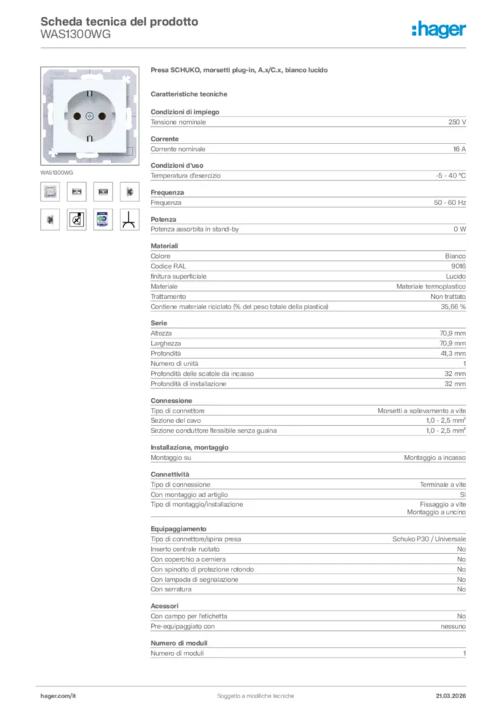 Immagine Hager Scheda tecnica del prodotto WAS1300WG | Hager Italia