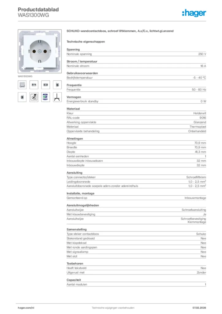 Afbeelding Hager Productdatablad WAS1300WG | Hager Nederland