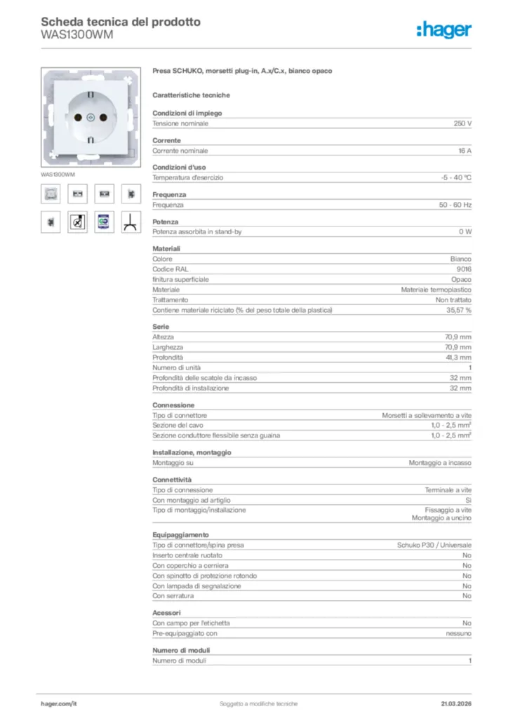Immagine Hager Scheda tecnica del prodotto WAS1300WM | Hager Italia