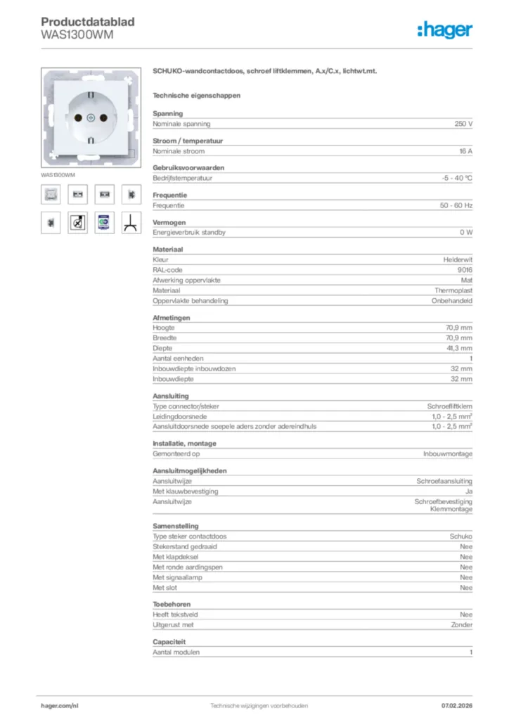 Afbeelding Hager Productdatablad WAS1300WM | Hager Nederland