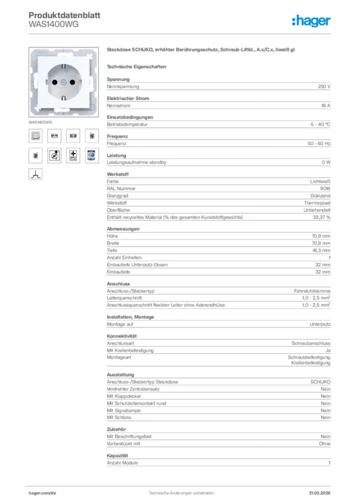 Bild Hager Produktdatenblatt WAS1400WG | Hager Deutschland