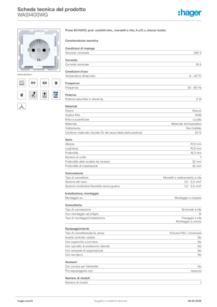 Immagine Hager Scheda tecnica del prodotto WAS1400WG | Hager Italia