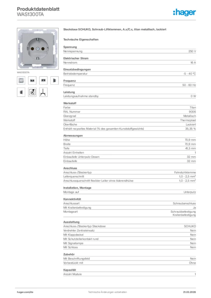 Bild Hager Produktdatenblatt WAS1300TA | Hager Deutschland