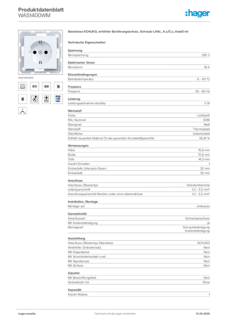 Bild Hager Produktdatenblatt WAS1400WM | Hager Deutschland
