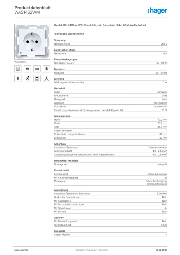 Bild Hager Produktdatenblatt WAS1462WM | Hager Deutschland