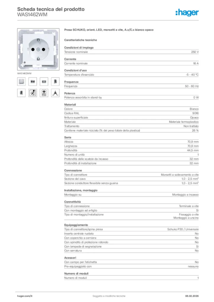 Immagine Hager Scheda tecnica del prodotto WAS1462WM | Hager Italia