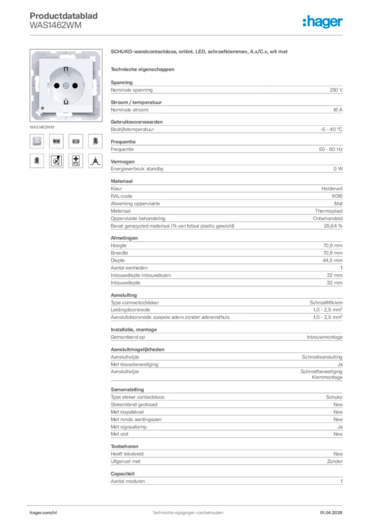 Afbeelding Hager Productdatablad WAS1462WM | Hager Nederland