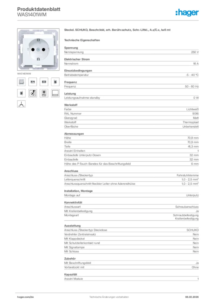 Bild Hager Produktdatenblatt WAS1401WM | Hager Deutschland