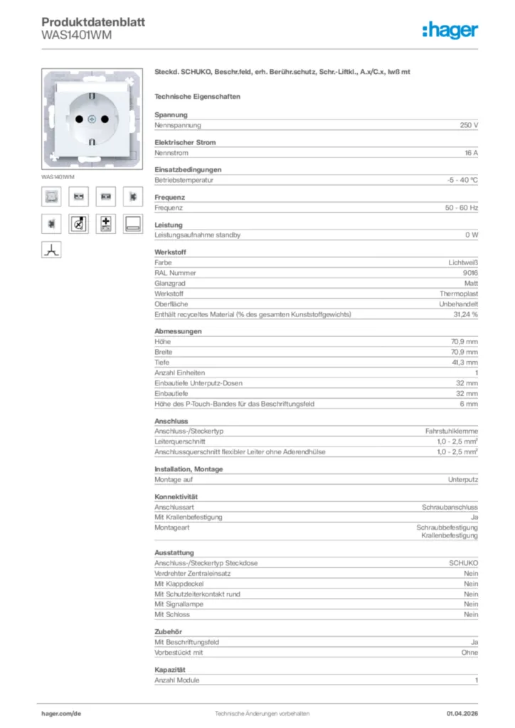 Bild Hager Produktdatenblatt WAS1401WM | Hager Deutschland