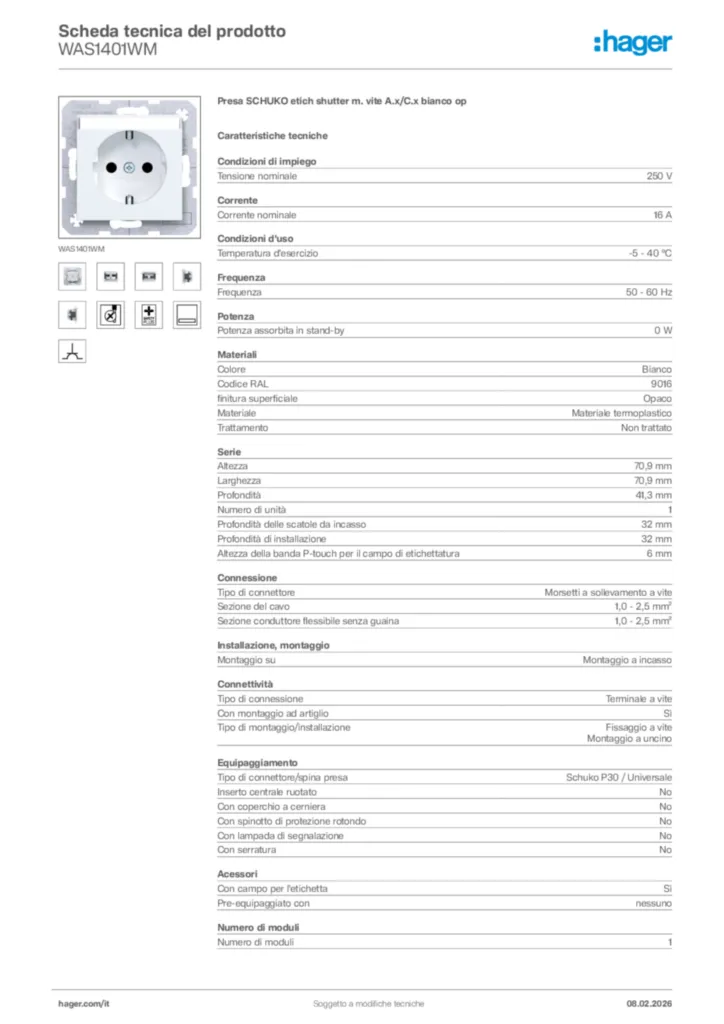 Immagine Hager Scheda tecnica del prodotto WAS1401WM | Hager Italia