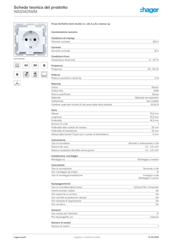 Immagine Hager Scheda tecnica del prodotto WAS1401WM | Hager Italia
