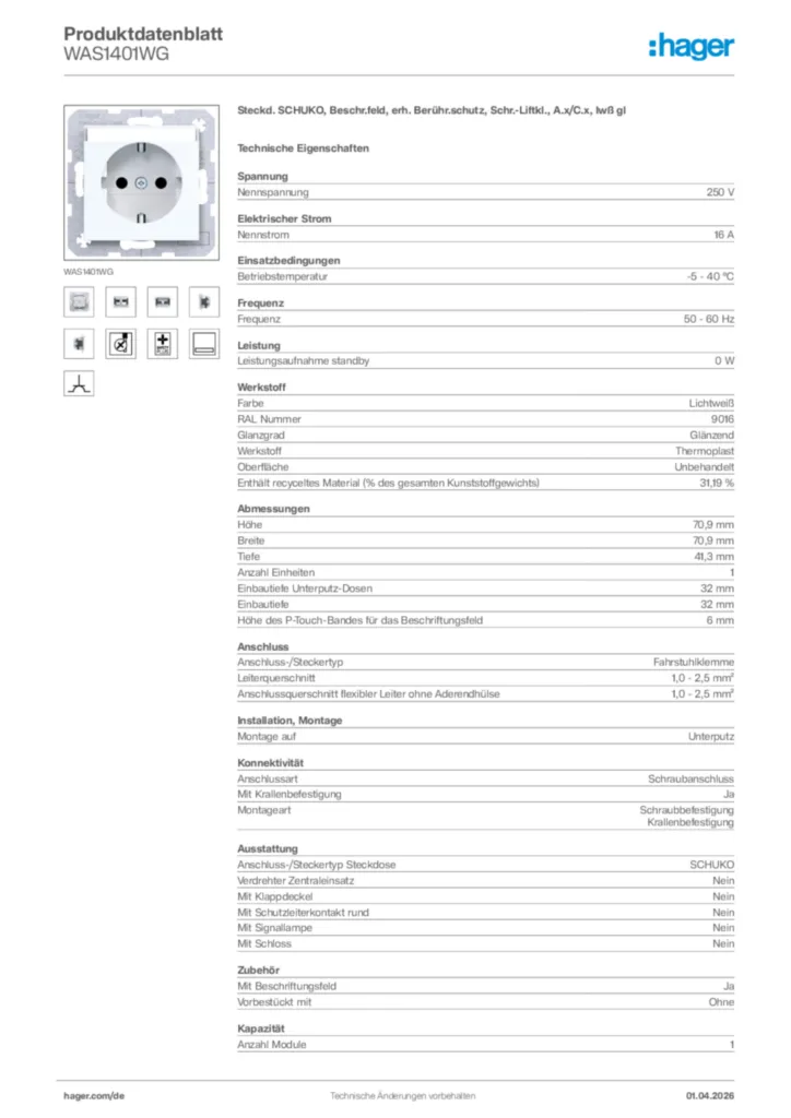 Bild Hager Produktdatenblatt WAS1401WG | Hager Deutschland