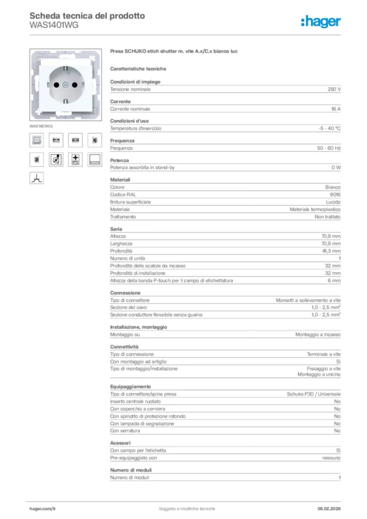 Immagine Hager Scheda tecnica del prodotto WAS1401WG | Hager Italia