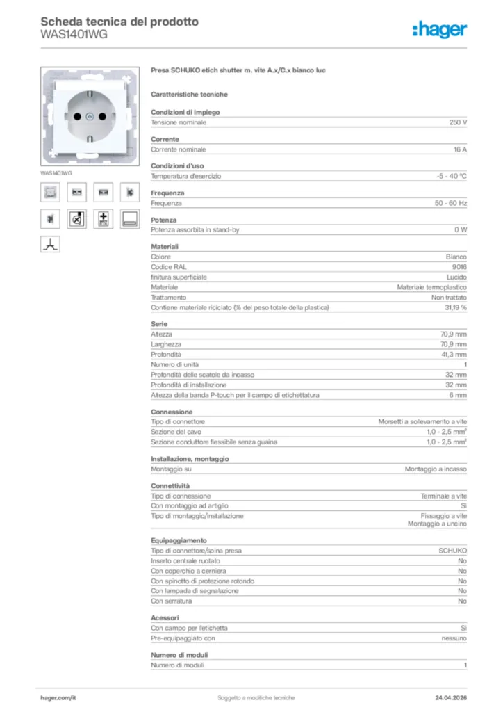 Immagine Hager Scheda tecnica del prodotto WAS1401WG | Hager Italia