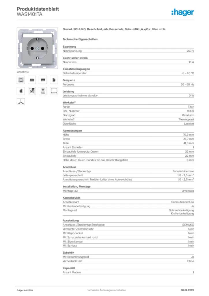 Bild Hager Produktdatenblatt WAS1401TA | Hager Deutschland