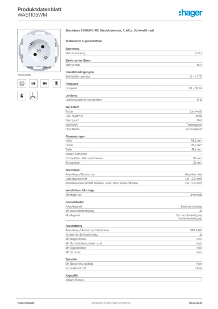Bild Hager Produktdatenblatt WAS1105WM | Hager Deutschland