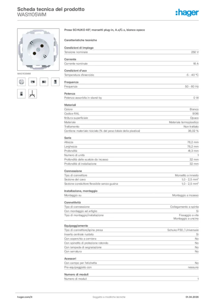 Immagine Hager Scheda tecnica del prodotto WAS1105WM | Hager Italia