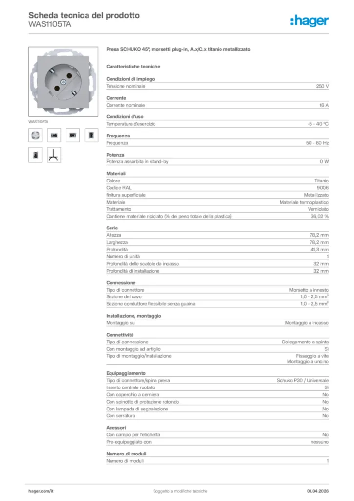 Immagine Hager Scheda tecnica del prodotto WAS1105TA | Hager Italia