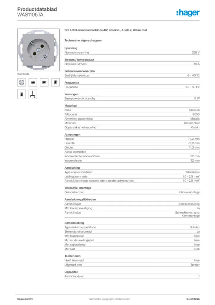 Afbeelding Hager Productdatablad WAS1105TA | Hager Nederland