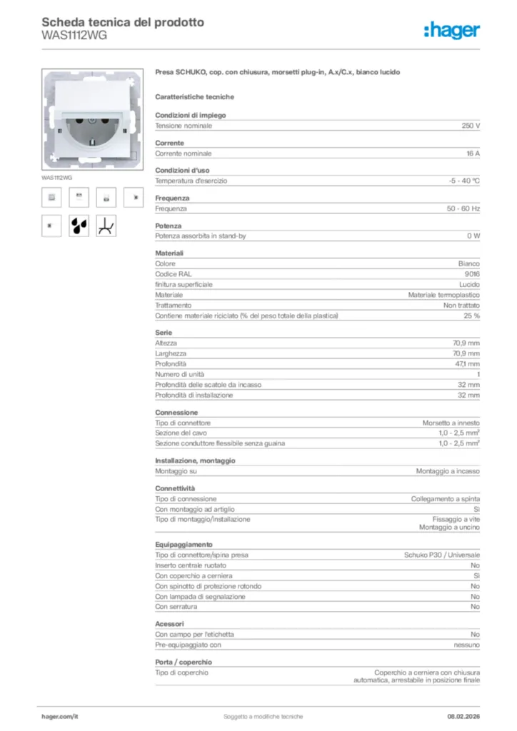 Immagine Hager Scheda tecnica del prodotto WAS1112WG | Hager Italia