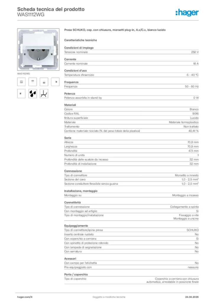Immagine Hager Scheda tecnica del prodotto WAS1112WG | Hager Italia