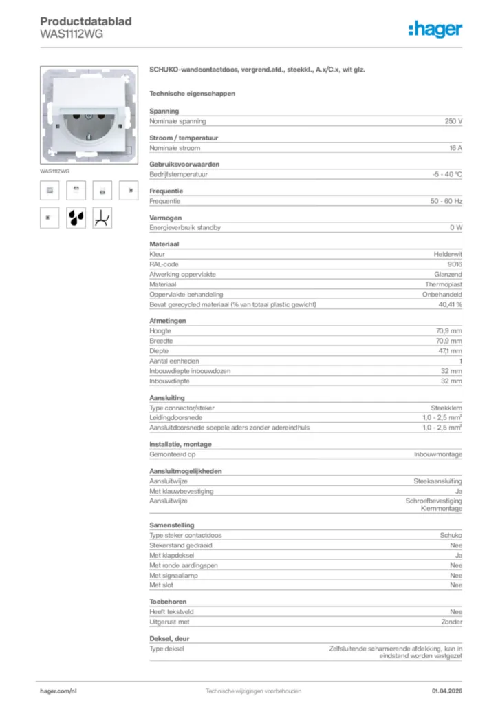 Afbeelding Hager Productdatablad WAS1112WG | Hager Nederland
