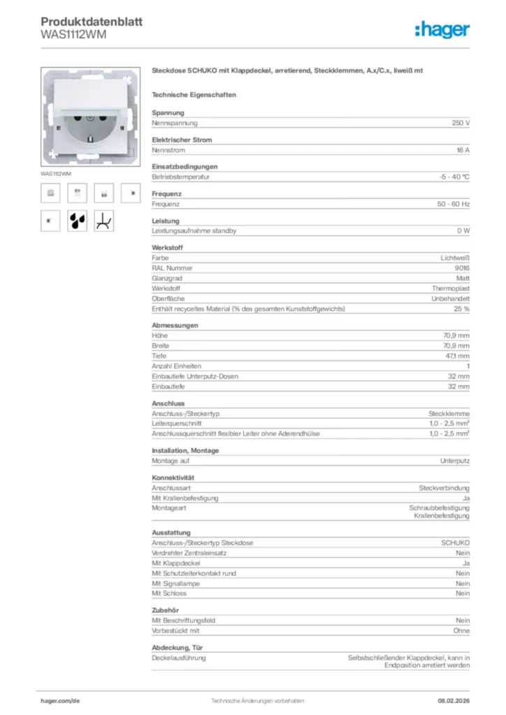 Bild Hager Produktdatenblatt WAS1112WM | Hager Deutschland