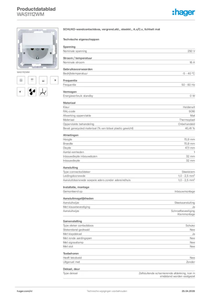 Afbeelding Hager Productdatablad WAS1112WM | Hager Nederland