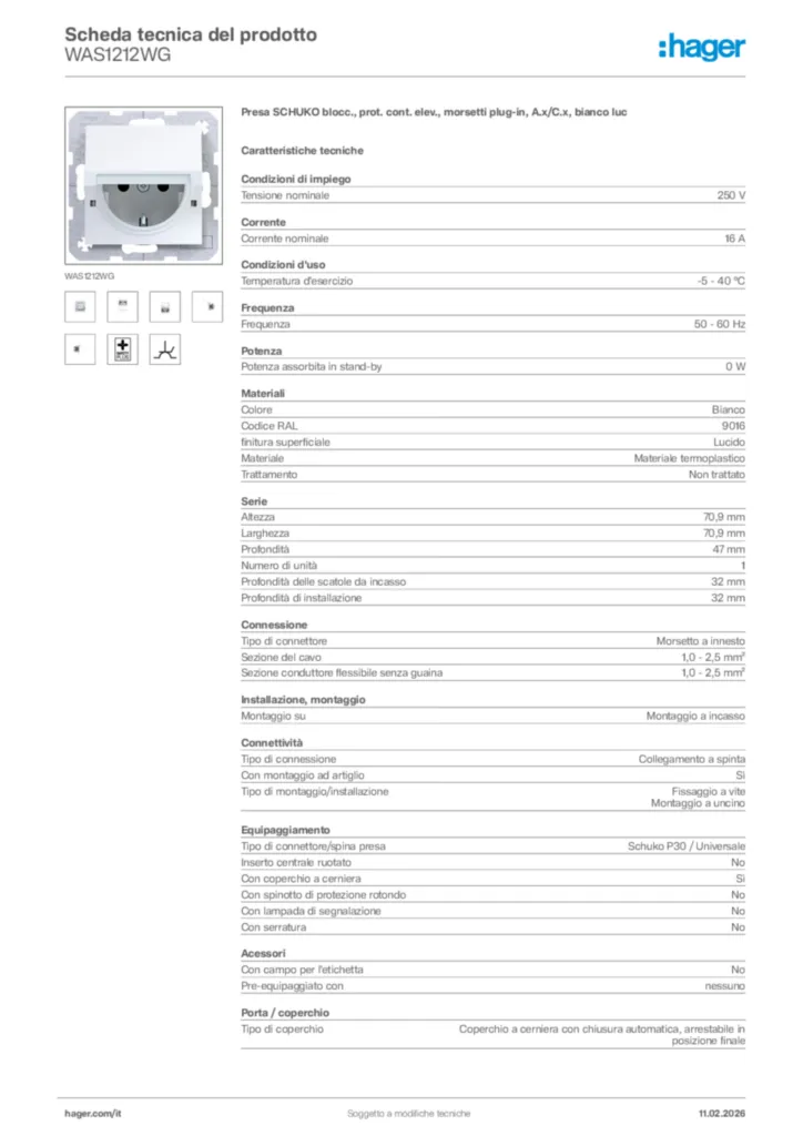 Immagine Hager Scheda tecnica del prodotto WAS1212WG | Hager Italia