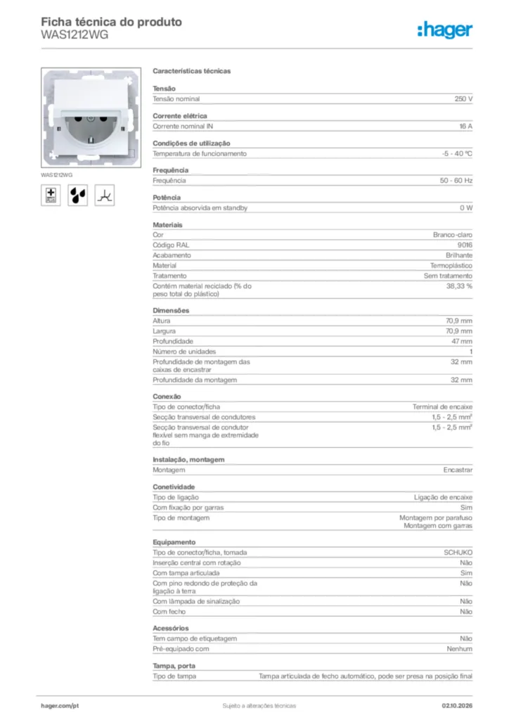 Imagem Hager Ficha técnica do produto WAS1212WG | Hager Portugal