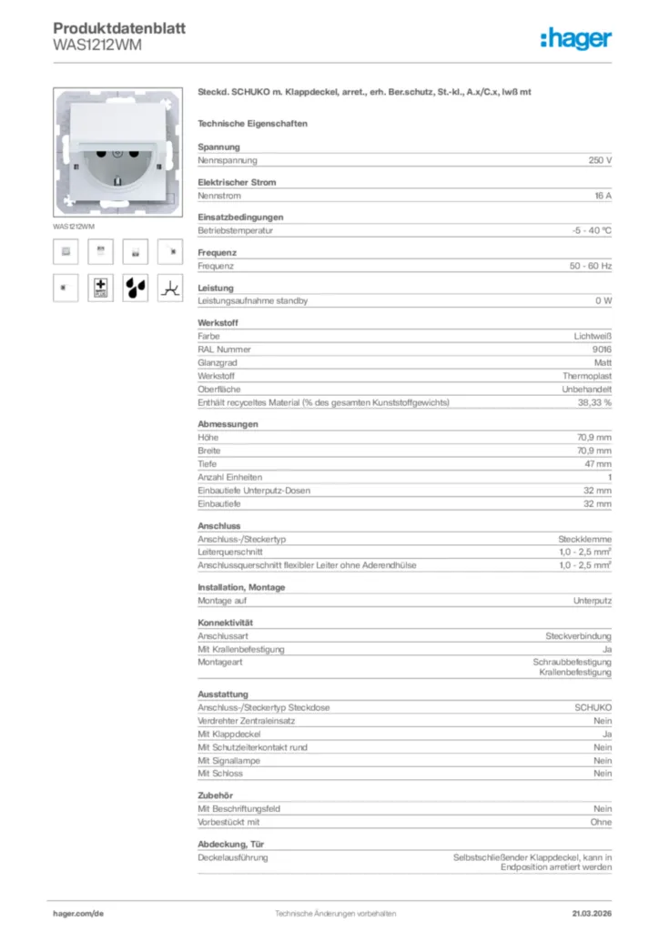 Bild Hager Produktdatenblatt WAS1212WM | Hager Deutschland
