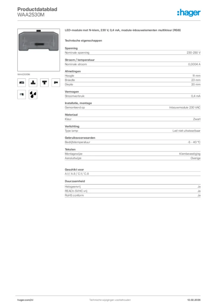 Afbeelding Hager Productdatablad WAA2530M | Hager Nederland