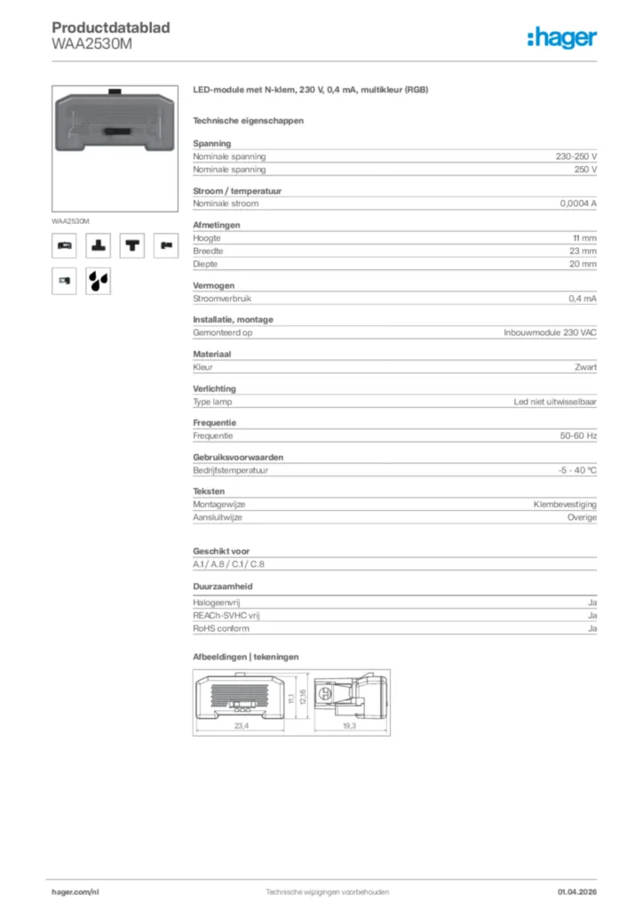 Afbeelding Hager Productdatablad WAA2530M | Hager Nederland