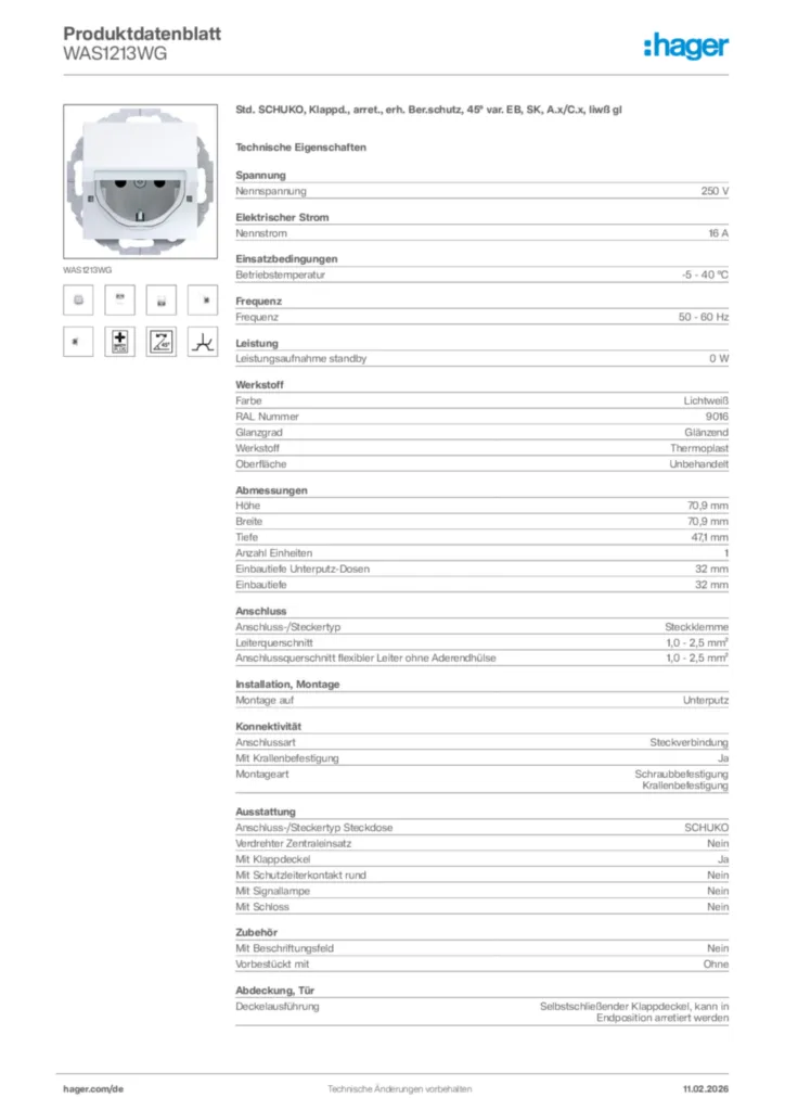 Bild Hager Produktdatenblatt WAS1213WG | Hager Deutschland