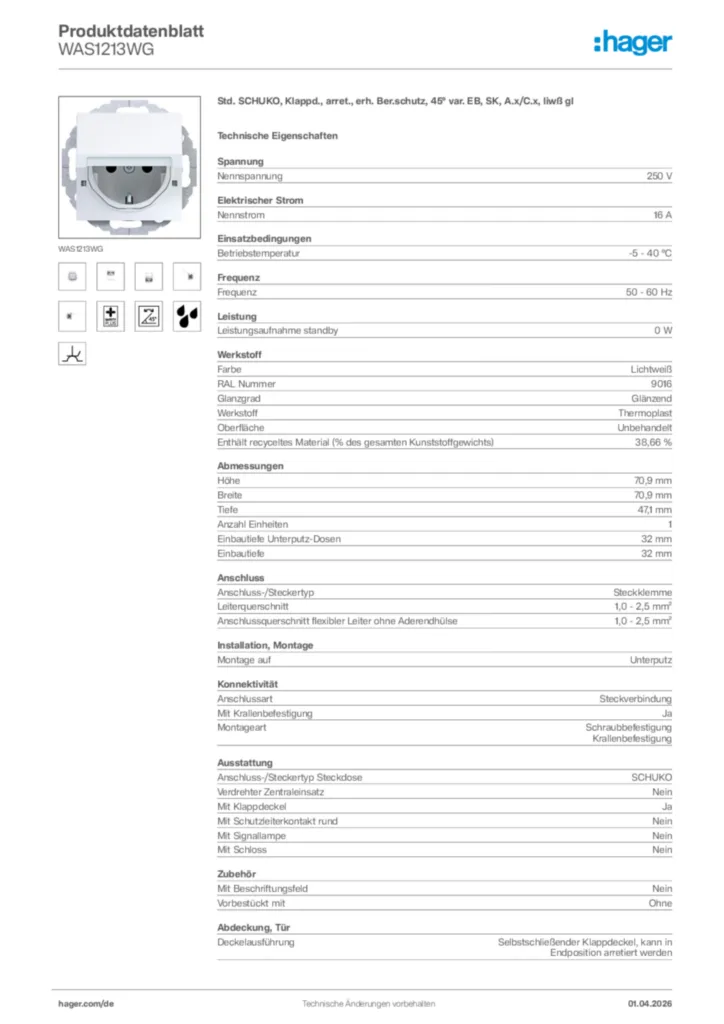 Bild Hager Produktdatenblatt WAS1213WG | Hager Deutschland