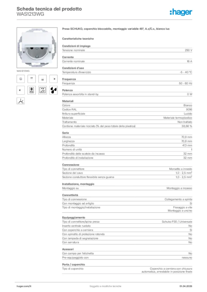 Immagine Hager Scheda tecnica del prodotto WAS1213WG | Hager Italia
