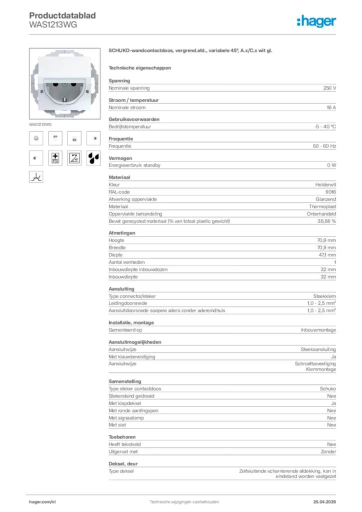 Afbeelding Hager Productdatablad WAS1213WG | Hager Nederland