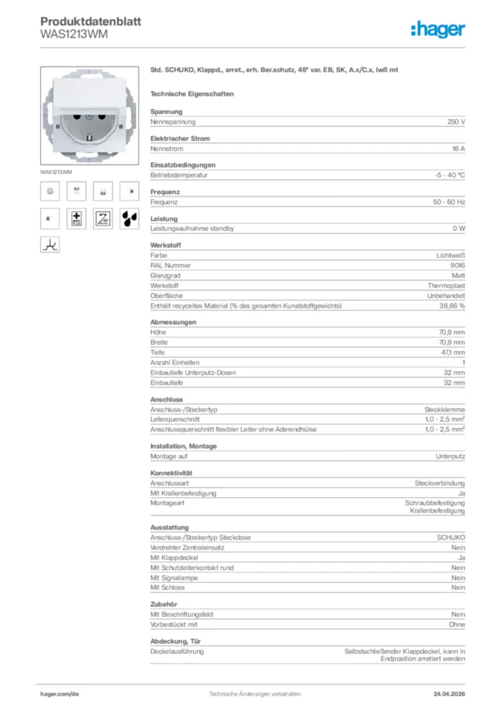 Bild Hager Produktdatenblatt WAS1213WM | Hager Deutschland