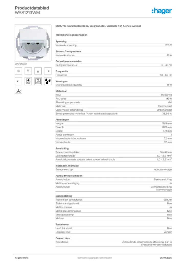 Afbeelding Hager Productdatablad WAS1213WM | Hager Nederland