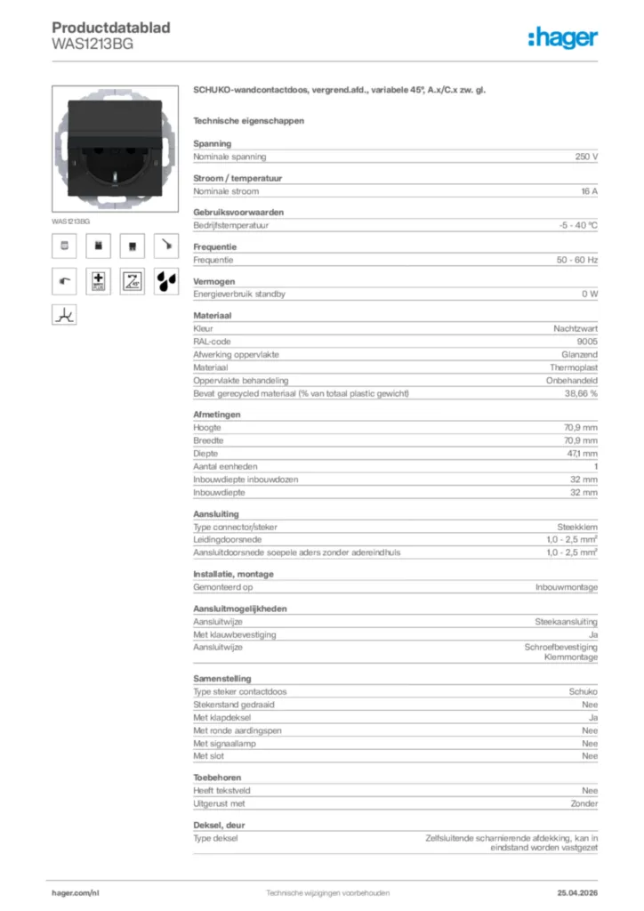 Afbeelding Hager Productdatablad WAS1213BG | Hager Nederland