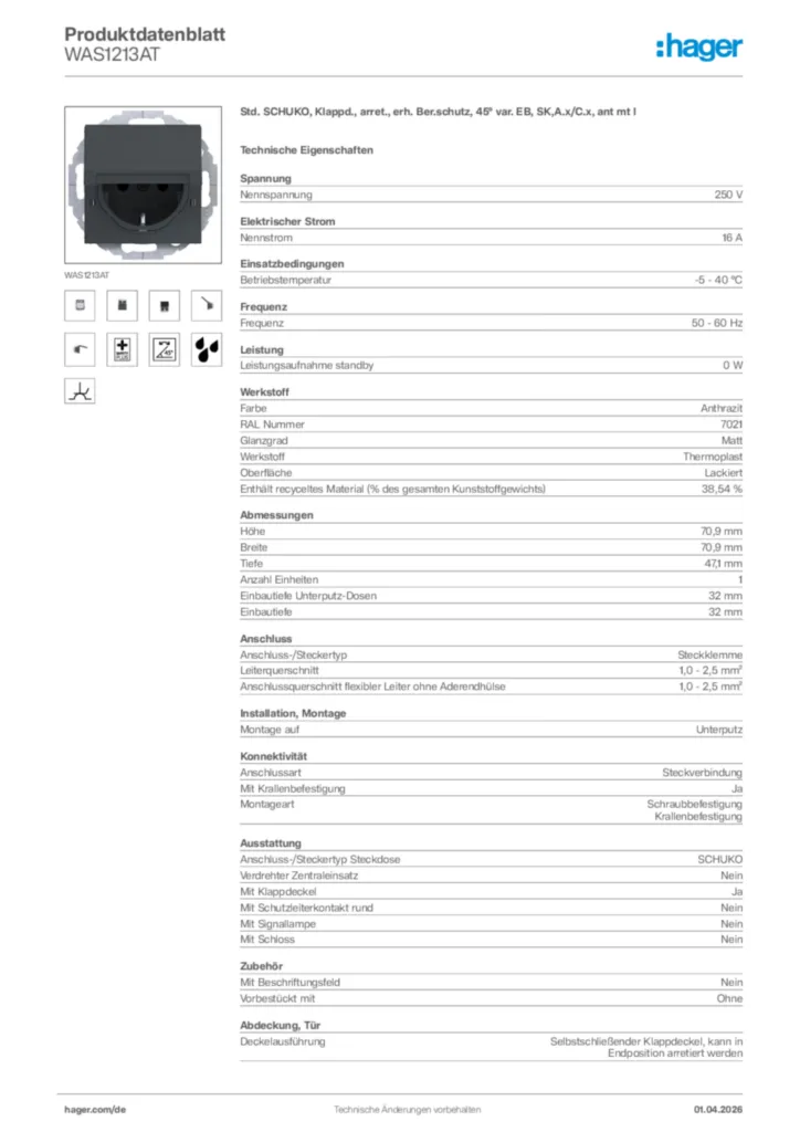 Bild Hager Produktdatenblatt WAS1213AT | Hager Deutschland