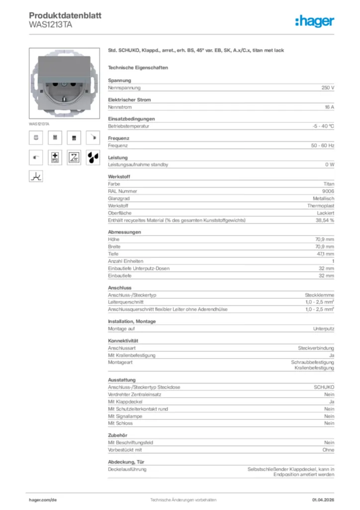 Bild Hager Produktdatenblatt WAS1213TA | Hager Deutschland