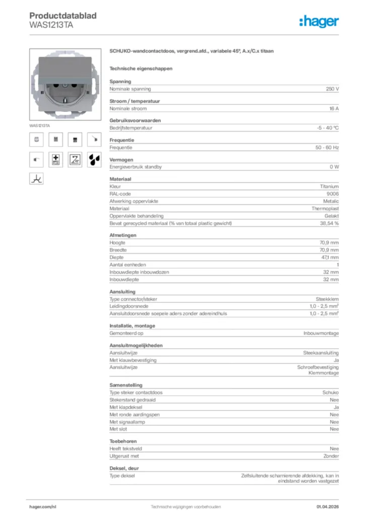 Afbeelding Hager Productdatablad WAS1213TA | Hager Nederland