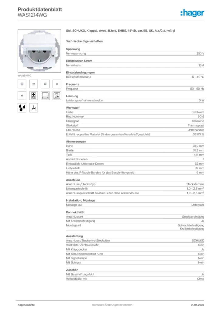 Bild Hager Produktdatenblatt WAS1214WG | Hager Deutschland