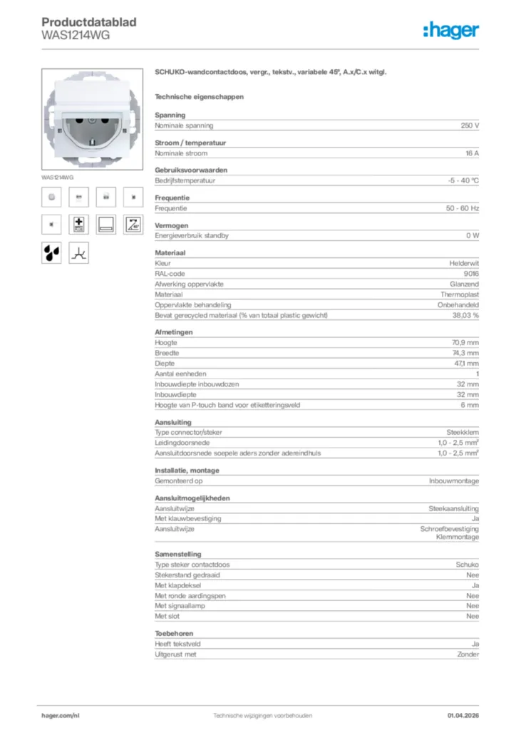 Afbeelding Hager Productdatablad WAS1214WG | Hager Nederland