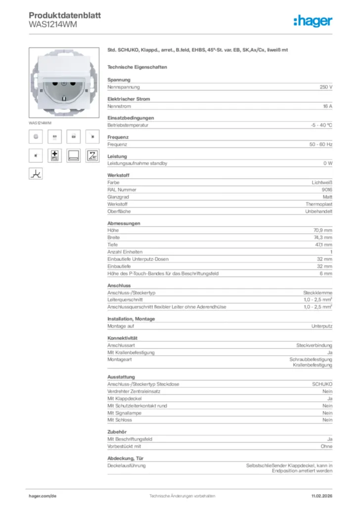 Bild Hager Produktdatenblatt WAS1214WM | Hager Deutschland